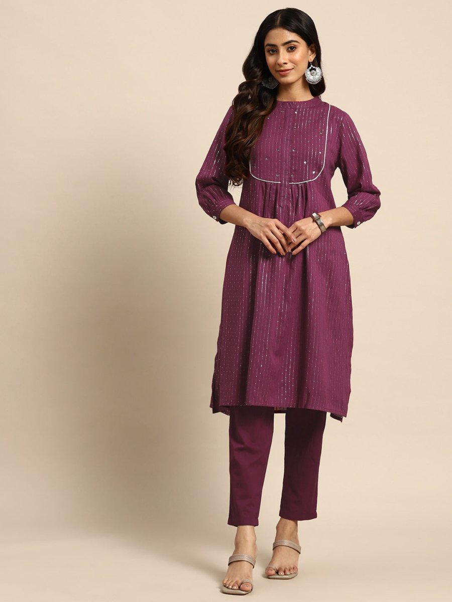 All About You Striped Pleated Sequinned Pure Cotton Kurta with Trousers | Grocsy
