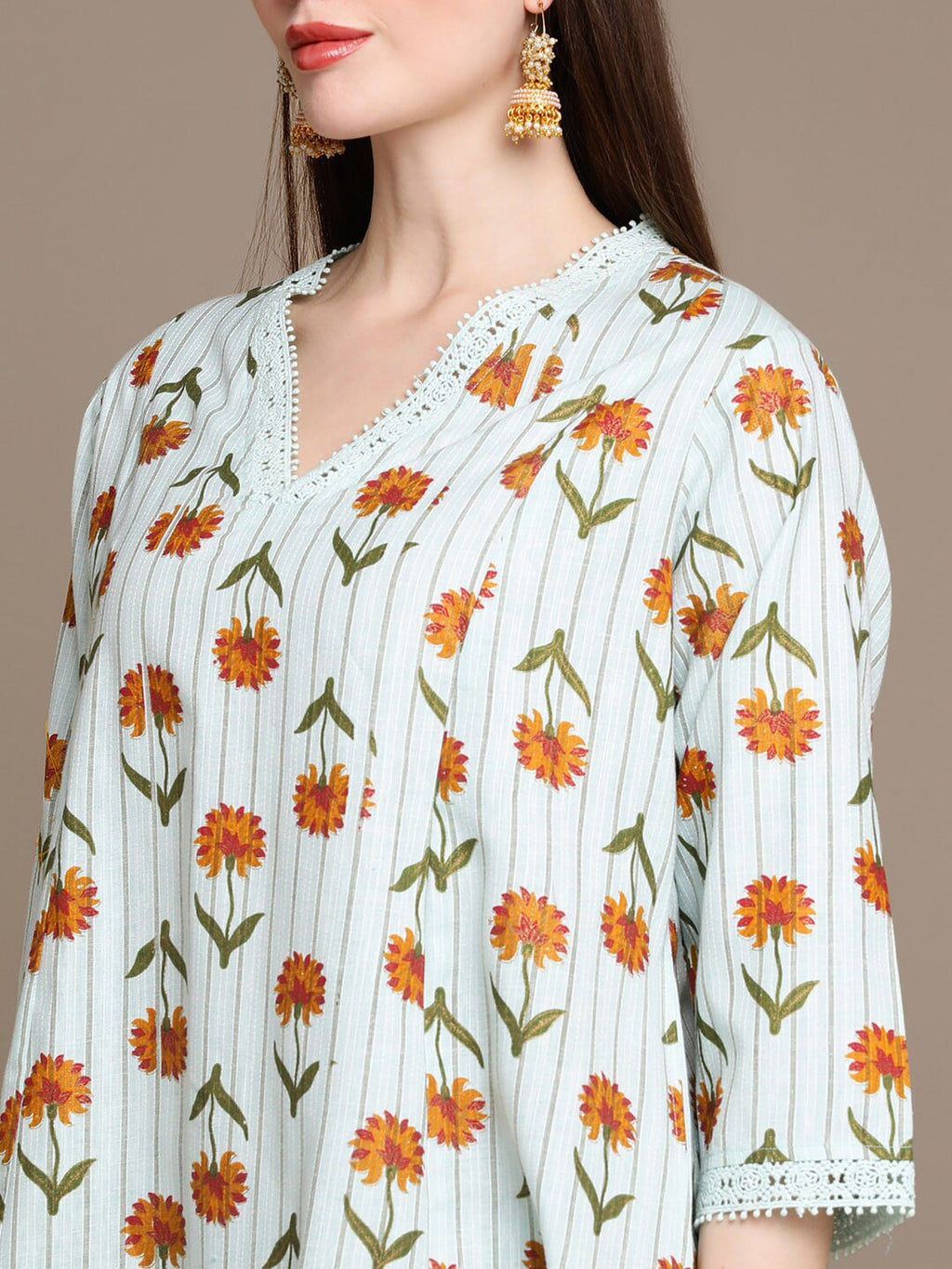 HERE&NOW Floral Printed Lace Inserted V-Neck Kurti with Trousers | Grocsy