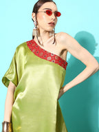 InWeave Women's Olive Red Brocade Satin Oneshoulder Kurta Set | Grocsy