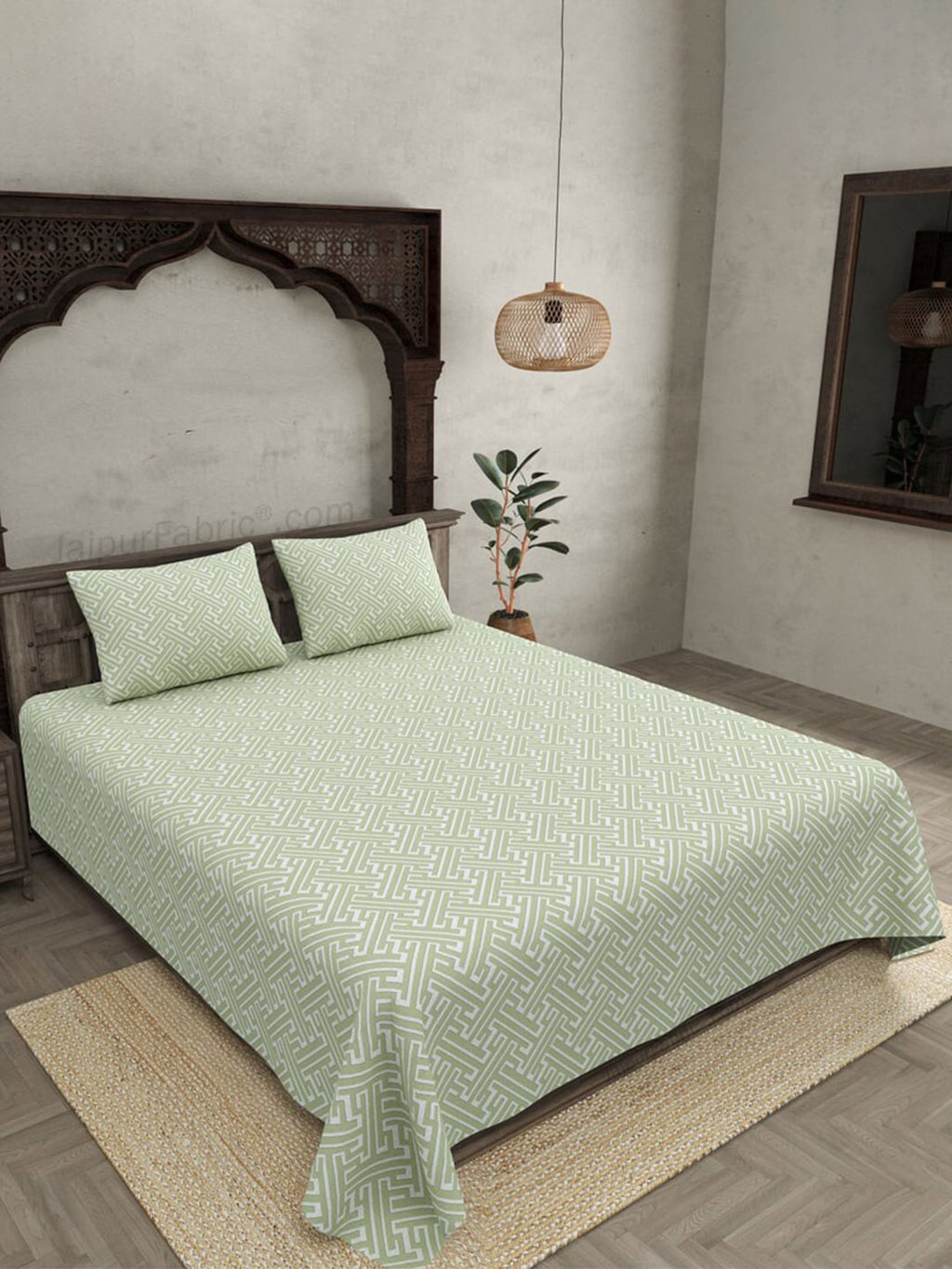 JAIPUR FABRIC Green & White Ethnic Motifs 250 TC Cotton King Bedsheet with 2 Pillow Covers | Grocsy
