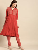 All About You Women Red & Cream Printed Kurta with Trousers | Grocsy
