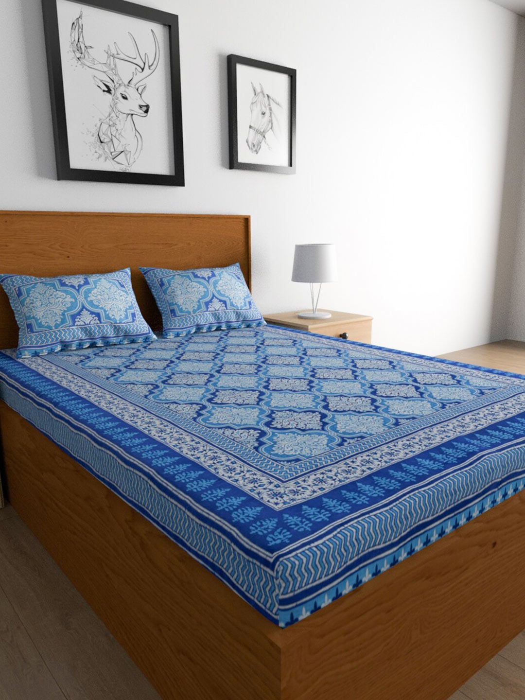 Urban Magic Blue Printed Cotton 104 TC King Bedsheet with 2 Pillow Covers | Grocsy