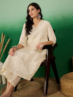 Sangria Off White Floral Embroidered Mirror Work Pure Cotton Anarkali Kurta Set | Grocsy