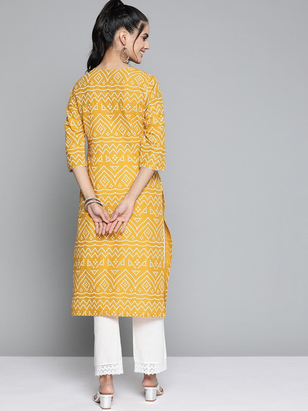 HERE&NOW Women Mustard Yellow & White Bandhani Printed Gotta Patti Kurta | Grocsy