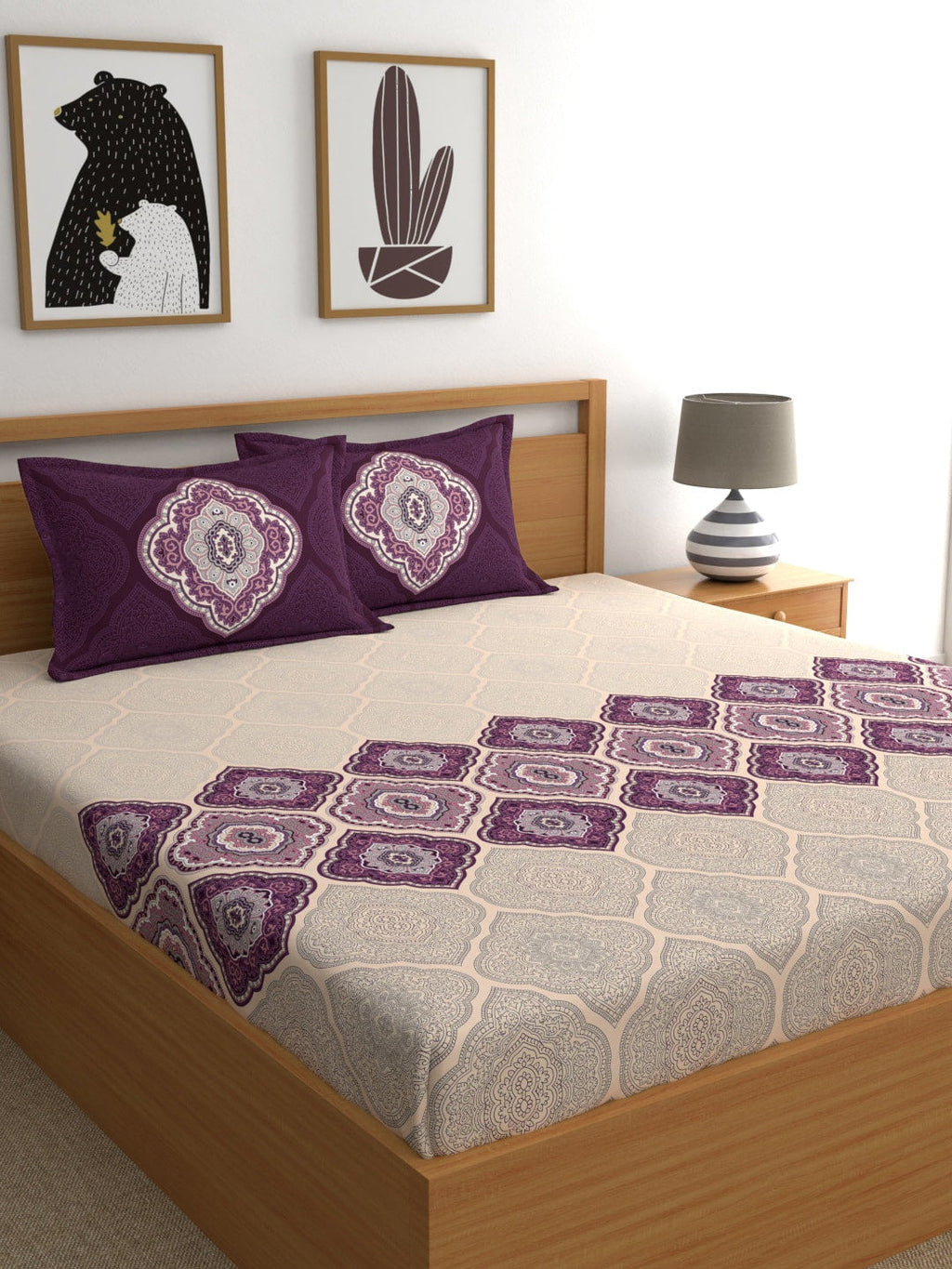 Dreamscape Purple & Cream-Coloured 144 TC Bedsheet with Pillow Covers | Grocsy