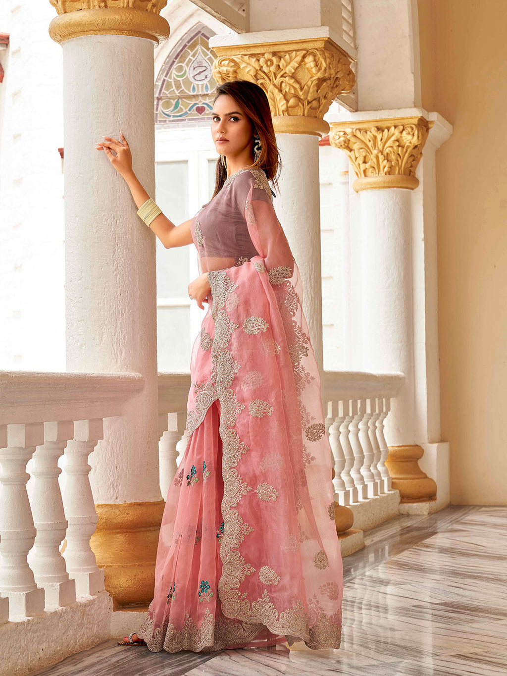 Tikhi Imli Floral Beads and Stones Organza Heavy Work Saree | Grocsy