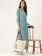 Sangria Women Teal Blue Striped Pure Cotton Kurta with Palazzos | Grocsy