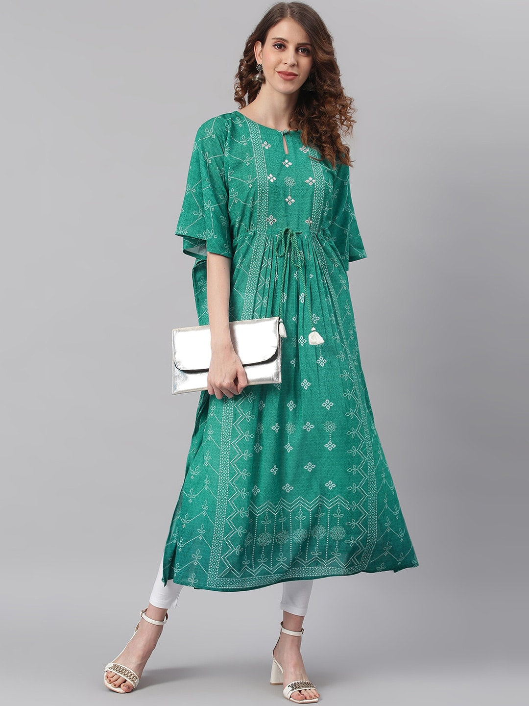 Janasya Women Green Ethnic Motifs Printed Keyhole Neck Flared Sleeves Georgette Kaftan Kurta | Grocsy