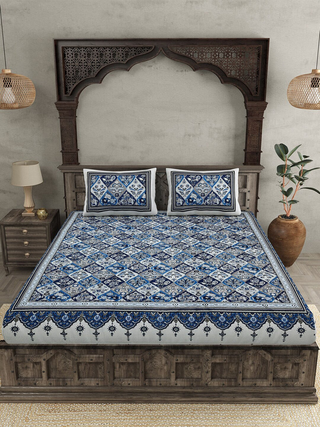 JAIPUR FABRIC Festival Waves Blue & White Cotton 210 TC Queen Bedsheet & 2 Pillow Covers | Grocsy