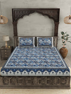 JAIPUR FABRIC Festival Waves Blue & White Cotton 210 TC Queen Bedsheet & 2 Pillow Covers | Grocsy