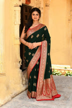 Joban Fashion Emerald Green Crepe Chiffon Pure Handloom Banarasi Silk Saree | Grocsy