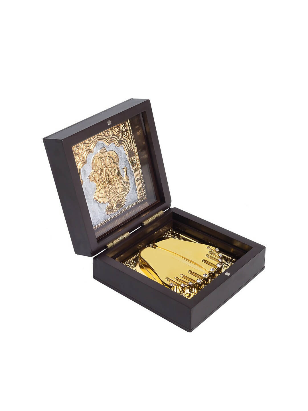 Golden Peacock Black 24 Ct Gold Polished Radha Krishna Wooden Prayer Box | Grocsy