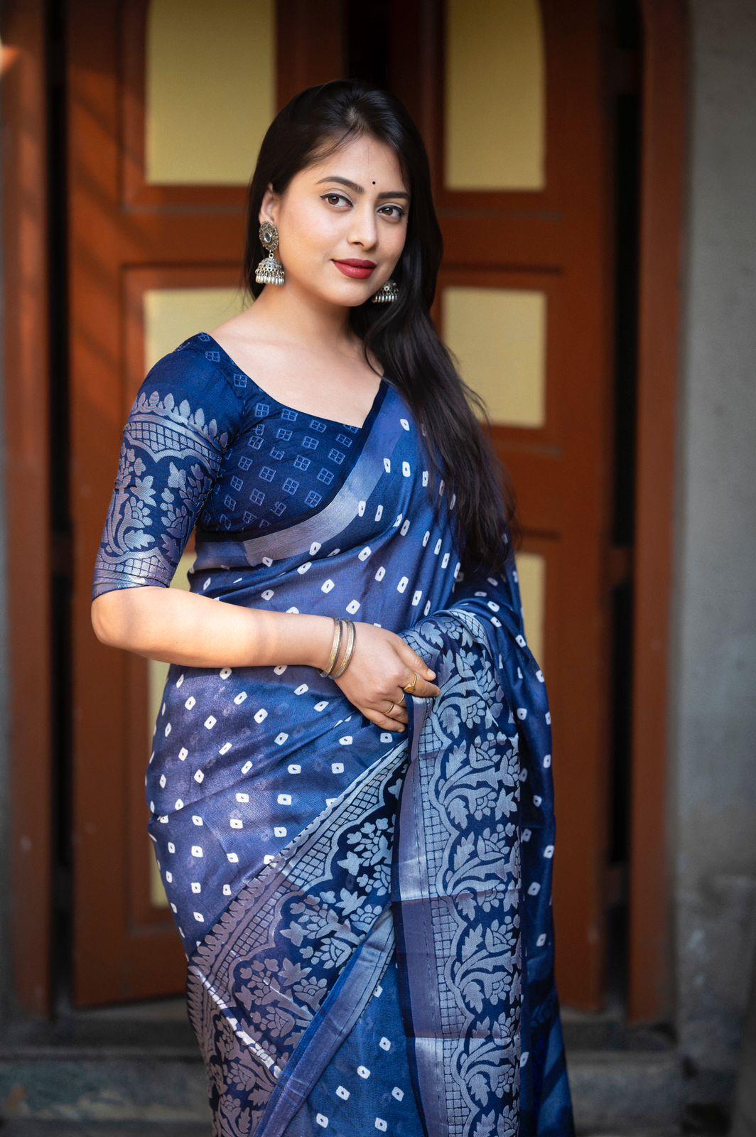 Lightblue Jute Silk Printed Saree with Unstitched Blouse - Hiral Fashion | Grocsy