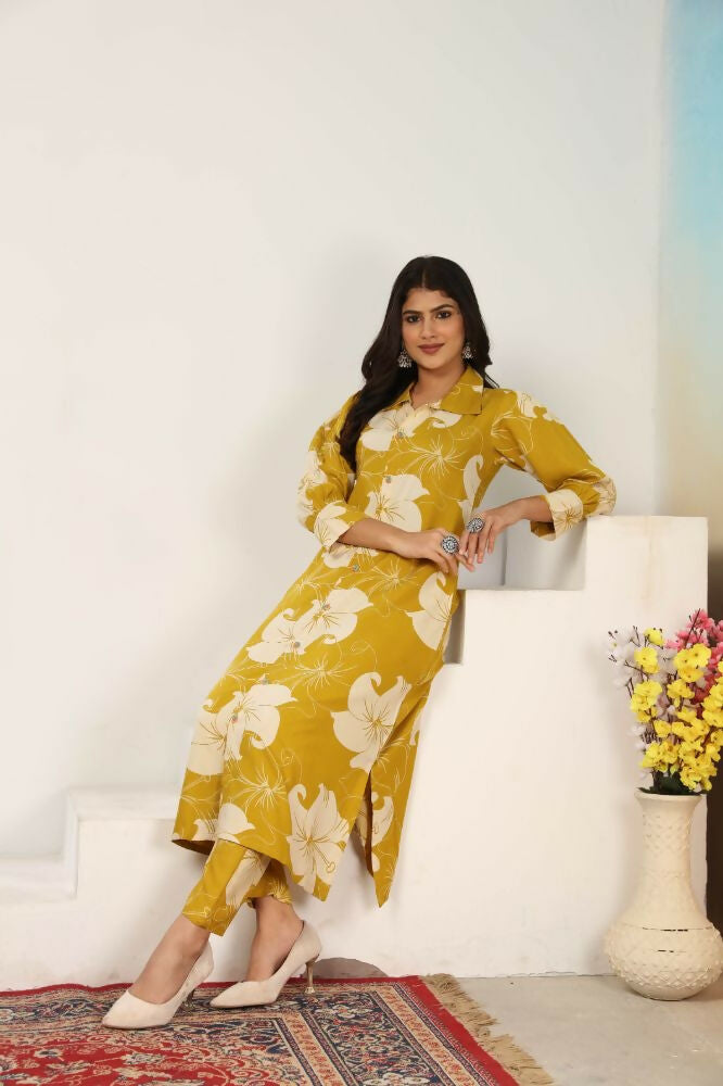 Jyoti Fashion Women's Mustard Rayon Floral Print with Side Pocket Kurtis & Sets | Grocsy