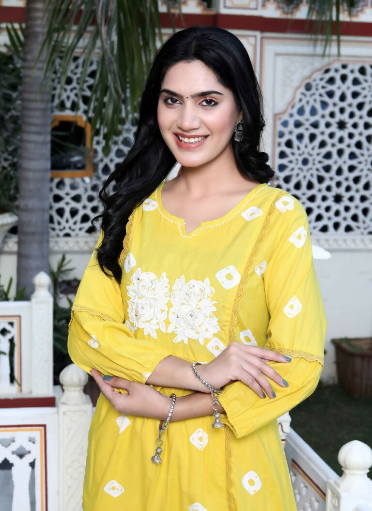 Miravan Women's Cotton Embroidered & Lace Embellished Yellow Bandhani Printed Kurta Palazzo Set | Grocsy