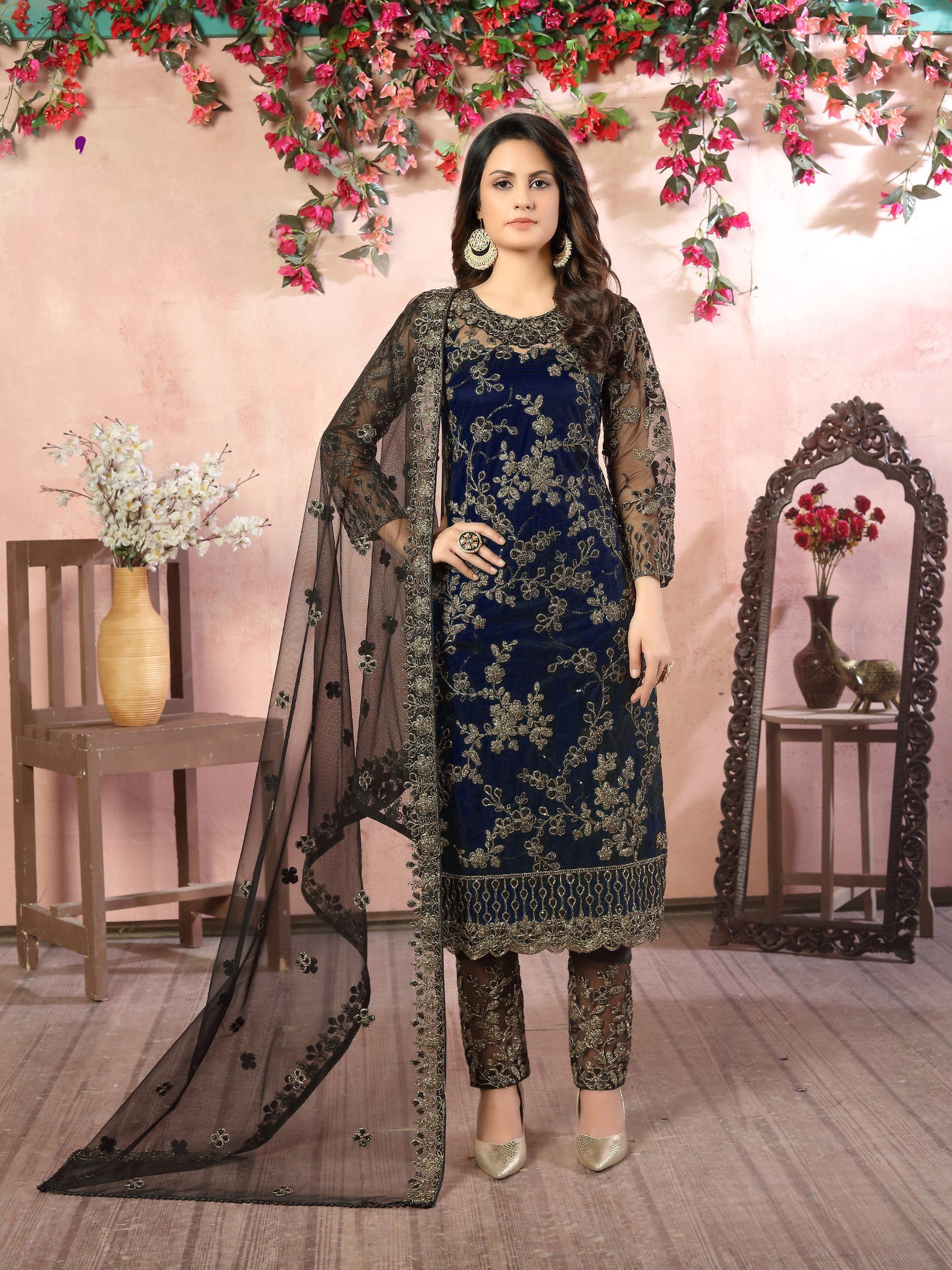 Anaita Navy Blue Embroidered Net Salwar Suit | Grocsy