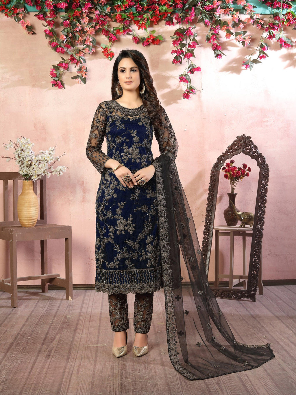 Anaita Navy Blue Embroidered Net Salwar Suit | Grocsy