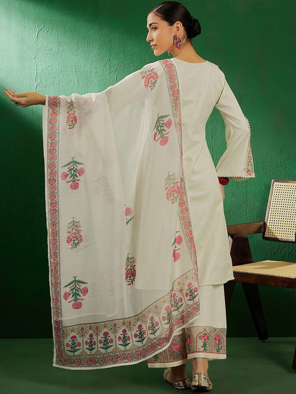 Sangria Off White Floral Embroidered Pure Cotton Kurta With Palazzo & Dupatta | Grocsy