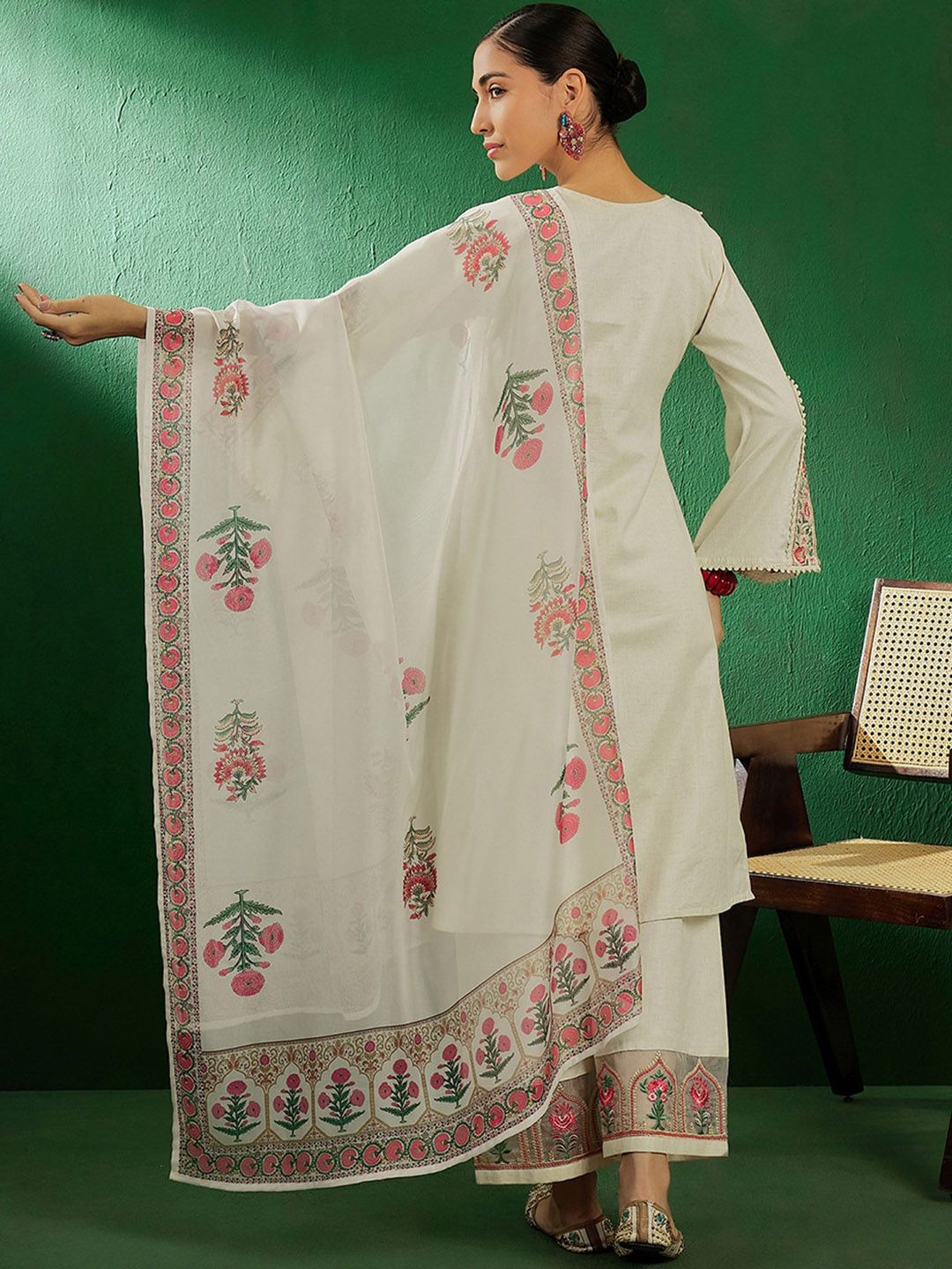 Sangria Off White Floral Embroidered Pure Cotton Kurta With Palazzo & Dupatta | Grocsy
