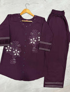 Teeya Creation Wine Embroidered Cotton Co-ord Set for Women | Grocsy