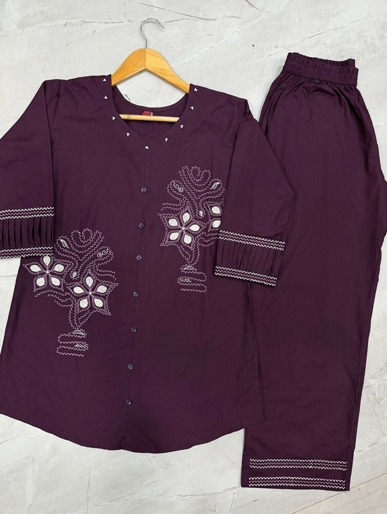 Teeya Creation Wine Embroidered Cotton Co-ord Set for Women | Grocsy