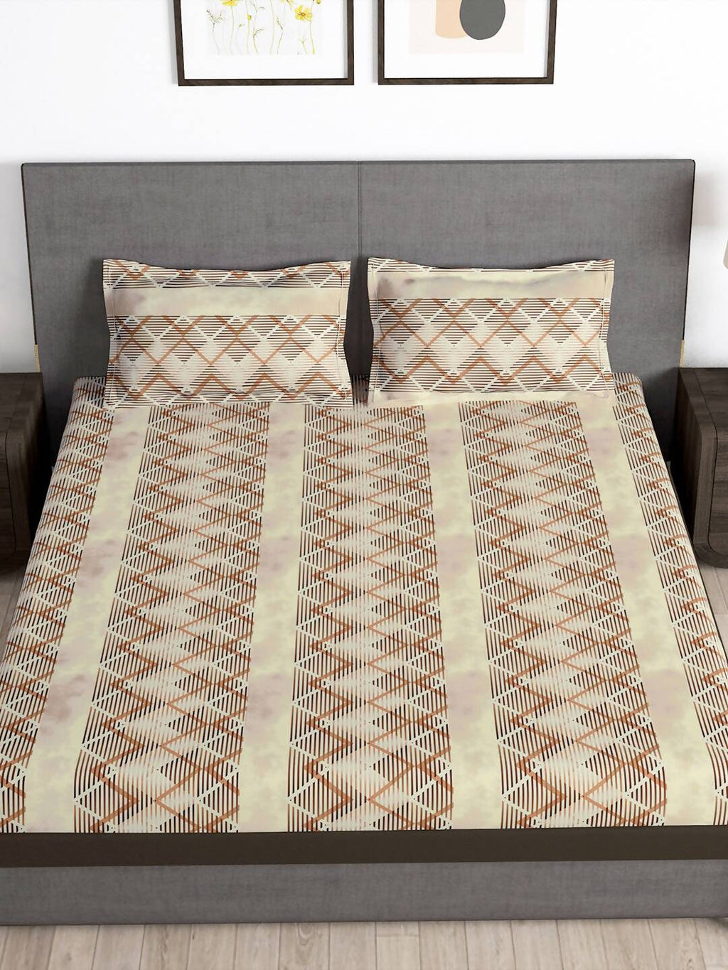 Story@home Brown & White Striped Microfiber 180 TC Bedsheet With Pillow Cover | Grocsy