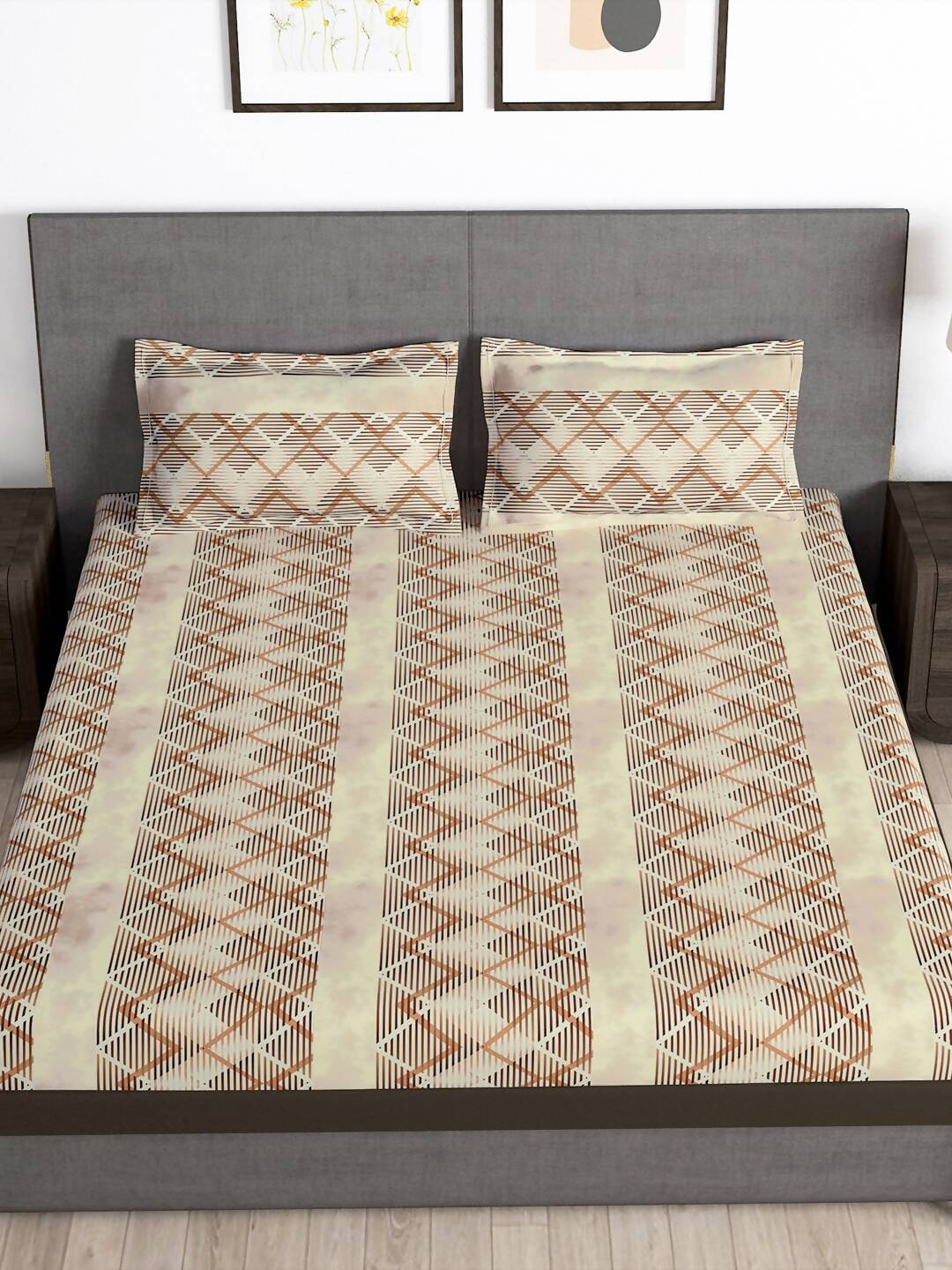 Story@home Brown & White Striped Microfiber 180 TC Bedsheet With Pillow Cover | Grocsy