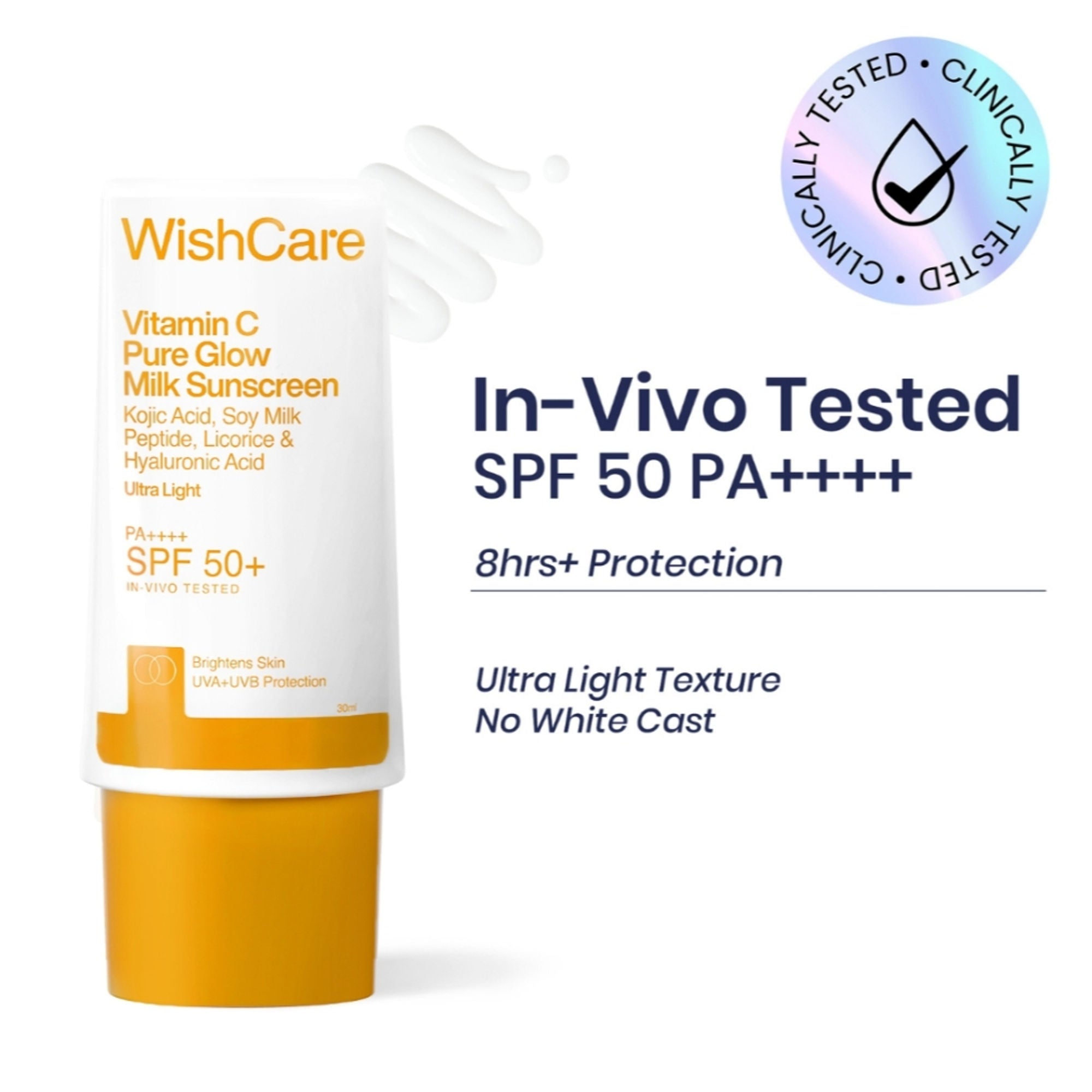WishCare Vitamin C Pure Glow Brightening Face Sunscreen for Dry Skin with SPF50 PA++++In-Vivo Tested | Grocsy