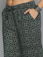 HERE&NOW Women Black & Green Printed Pure Cotton Kurta with Trousers | Grocsy