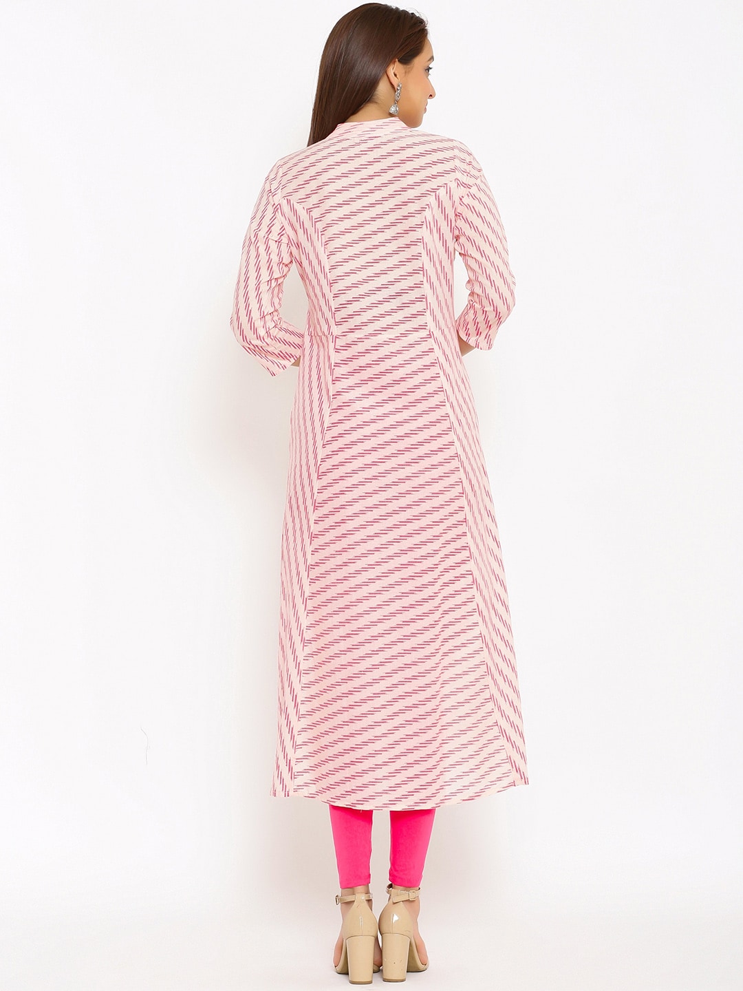 HERE&NOW Pink Mandarin Collar Striped A-Line Kurta | Grocsy