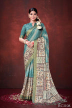 Sky Blue Poly Habotai Silk Foil Print Saree with Unstitched Blouse - Kathari | Grocsy