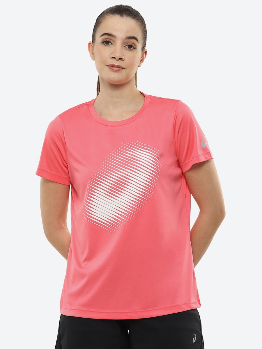 ASICS Women Pink Brand Logo Printed BIG GRAPHIC SS Round Neck Sports Running T-shirt | Grocsy