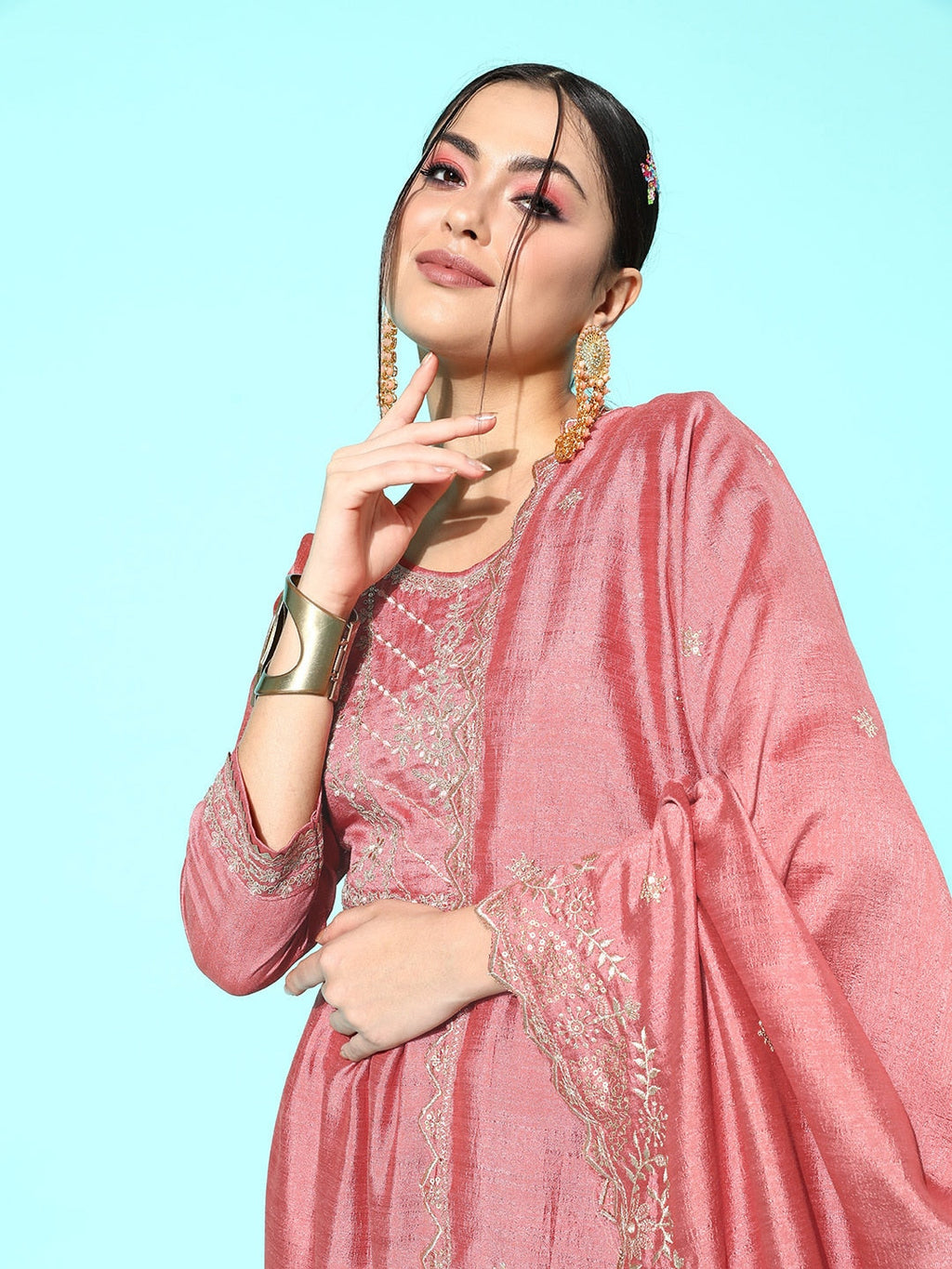 Sangria Floral Embroidered Regular Sequinned Kurta With Trousers & With Dupatta | Grocsy