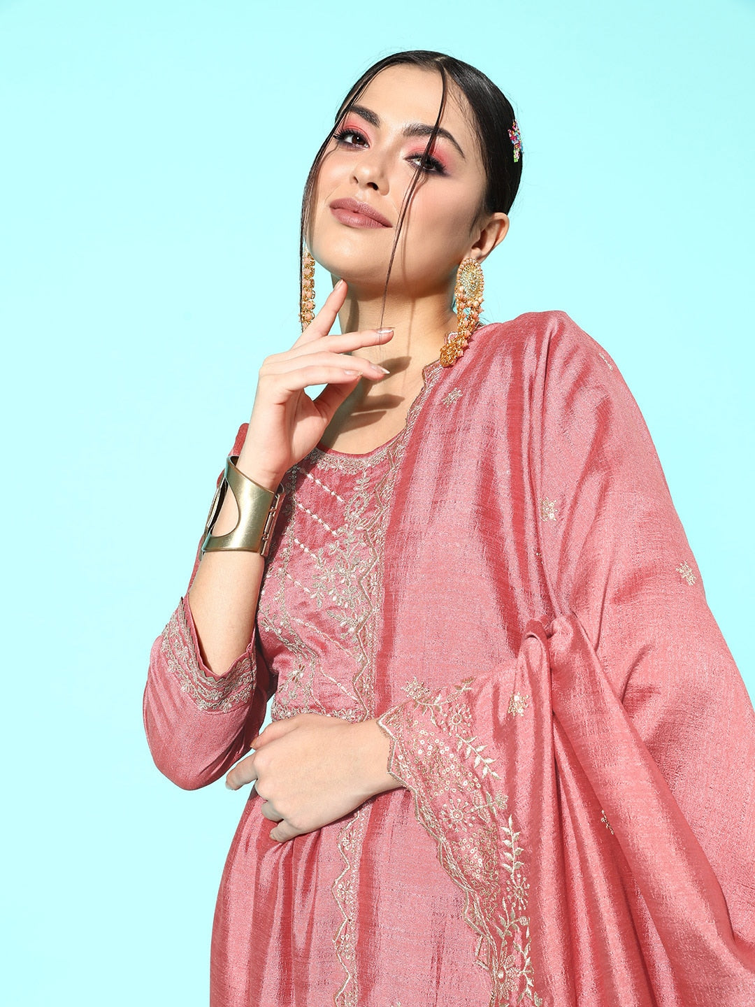 Sangria Floral Embroidered Regular Sequinned Kurta With Trousers & With Dupatta | Grocsy