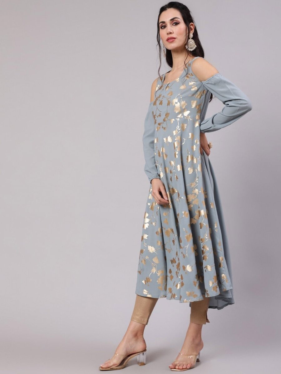 Aks Floral Printed Cold Shoulder Sleeves Pure Georgette Anarkali Kurta | Grocsy