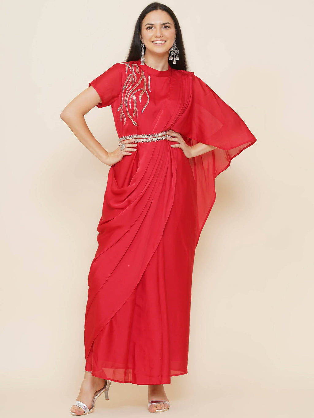 Women Republic Red Hand Embelleshed Gown With Drape | Grocsy