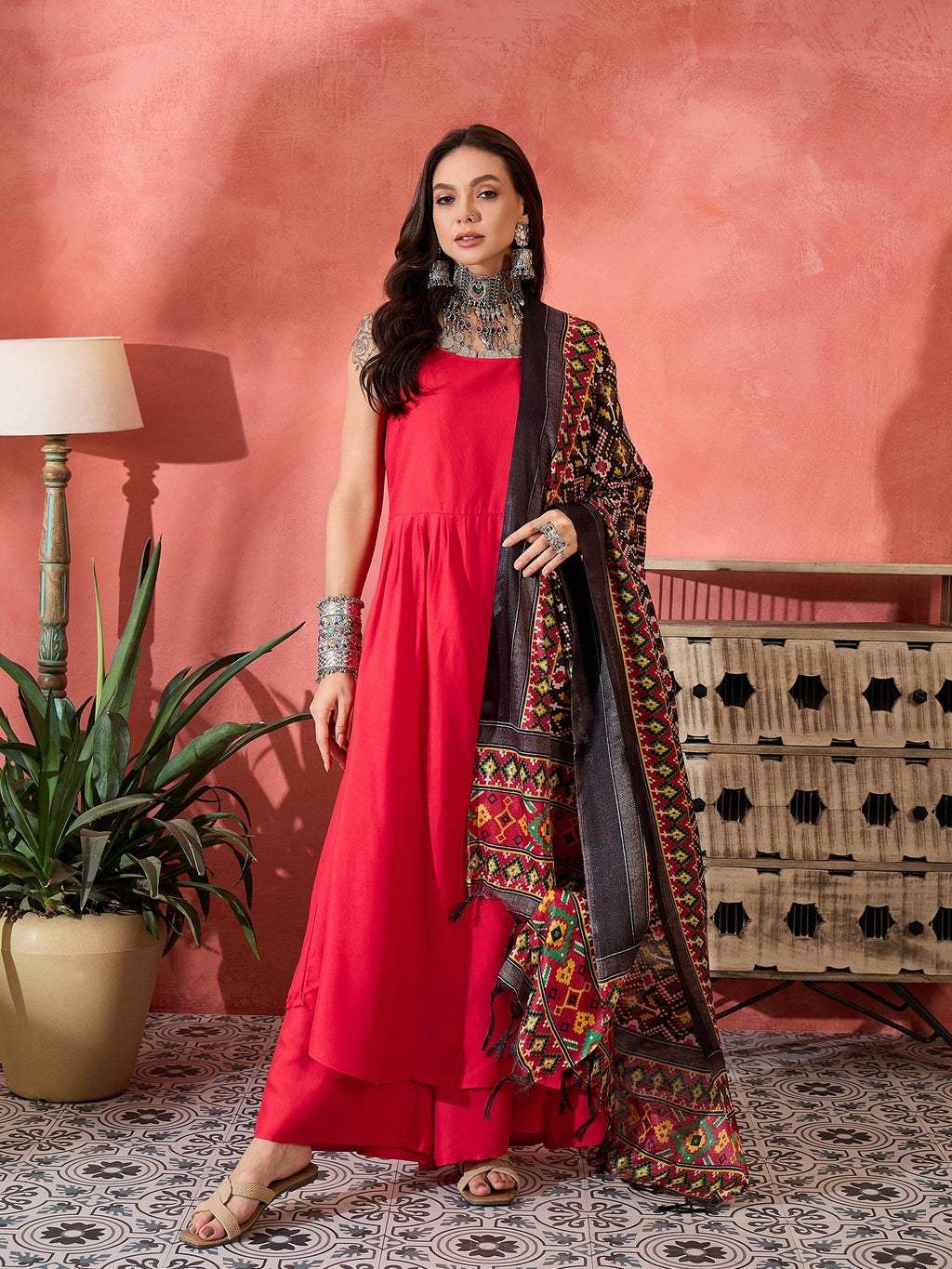 InWeave Red Strappy Kurta Set Black Patola Dupatta | Grocsy