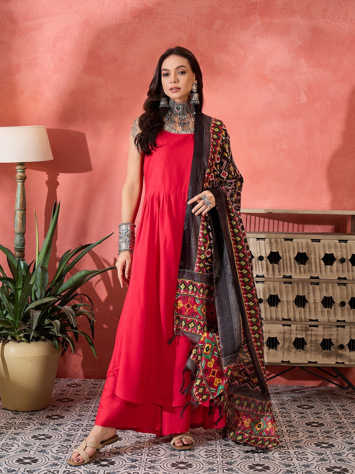 InWeave Red Strappy Kurta Set Black Patola Dupatta | Grocsy