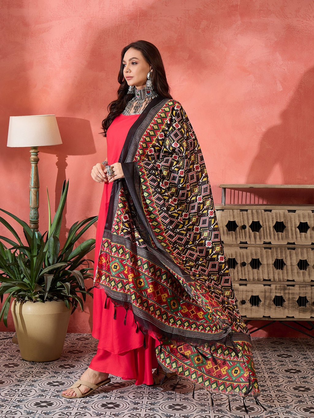 InWeave Red Strappy Kurta Set Black Patola Dupatta | Grocsy