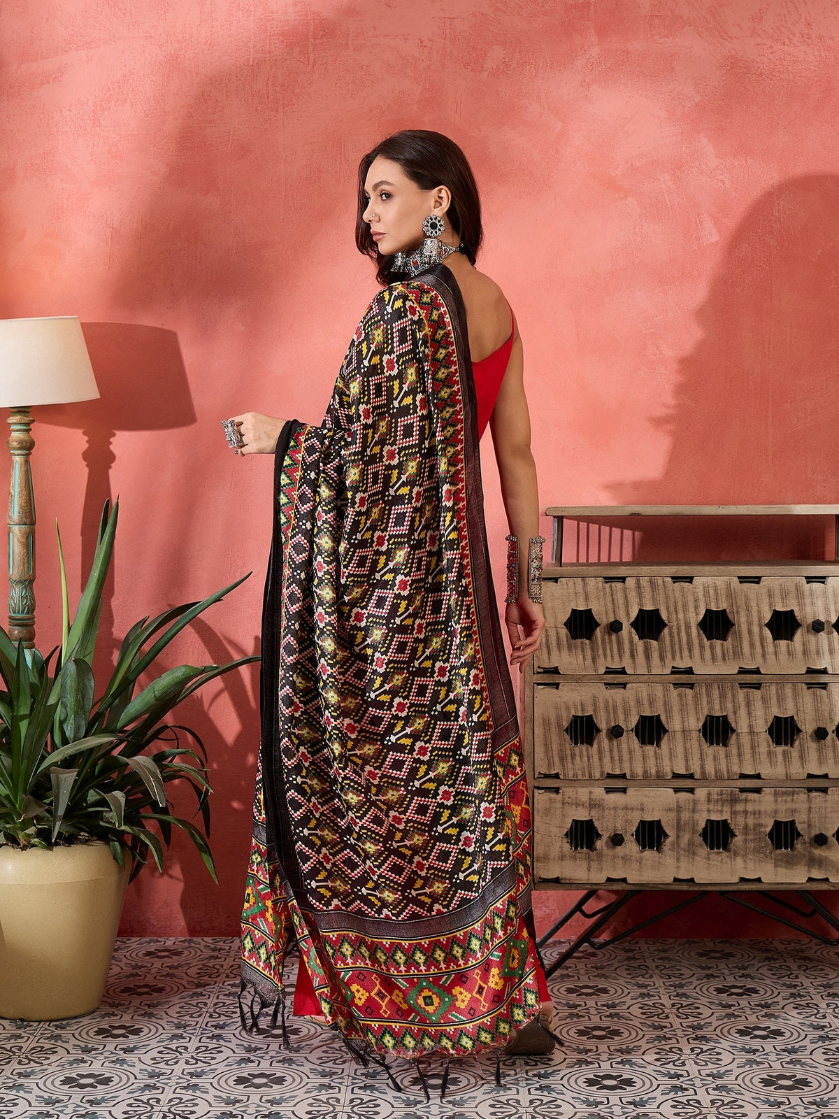 InWeave Red Strappy Kurta Set Black Patola Dupatta | Grocsy