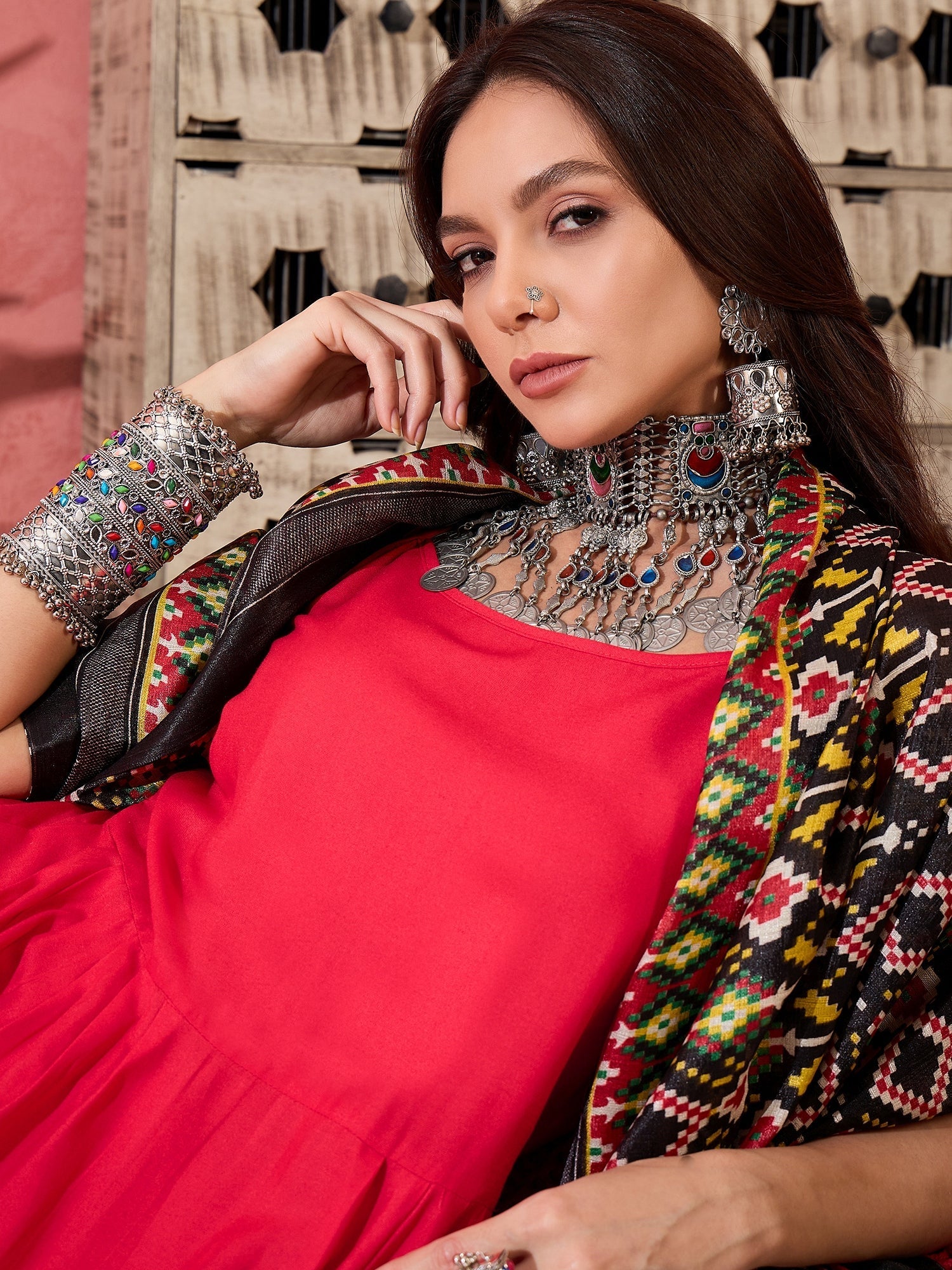 InWeave Red Strappy Kurta Set Black Patola Dupatta | Grocsy