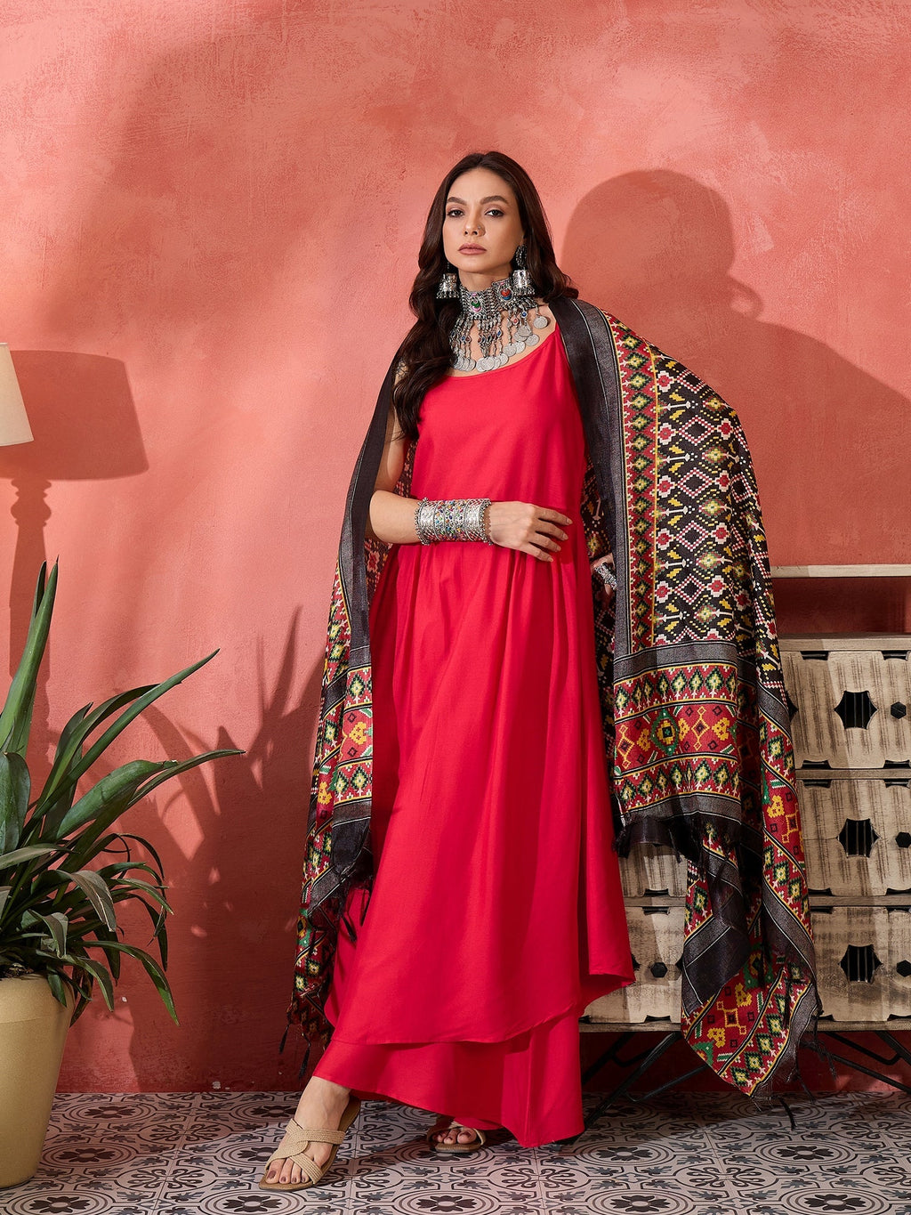InWeave Red Strappy Kurta Set Black Patola Dupatta | Grocsy