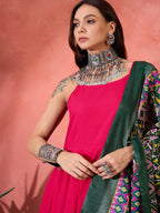 InWeave Fuchsia Strappy Kurta Set Green Patola Dupatta | Grocsy