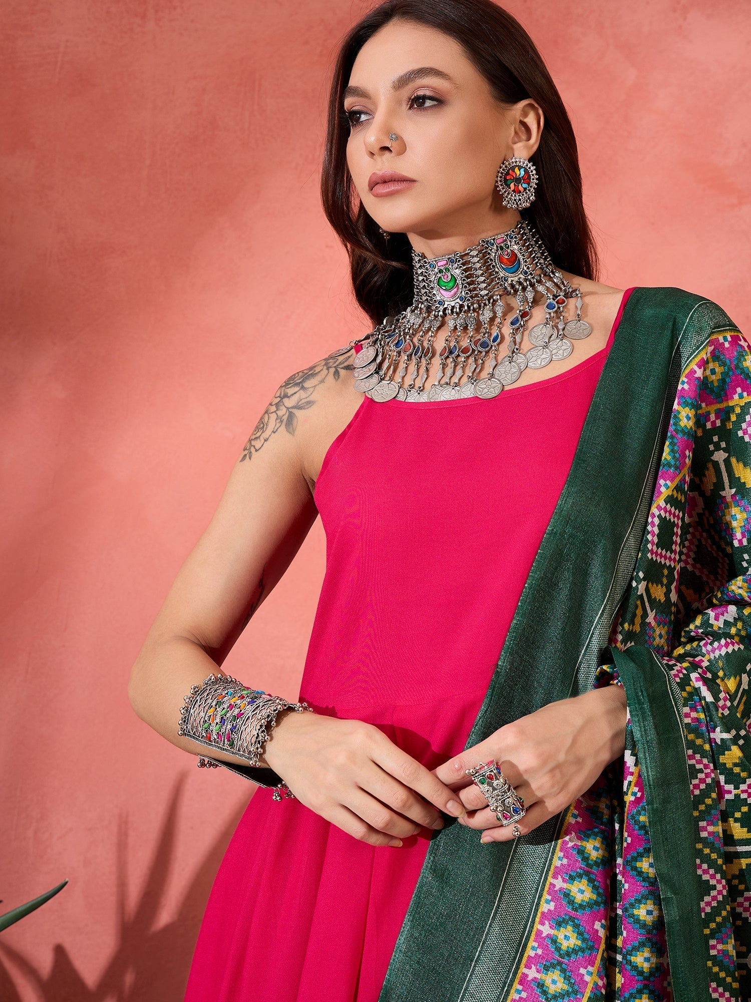 InWeave Fuchsia Strappy Kurta Set Green Patola Dupatta | Grocsy
