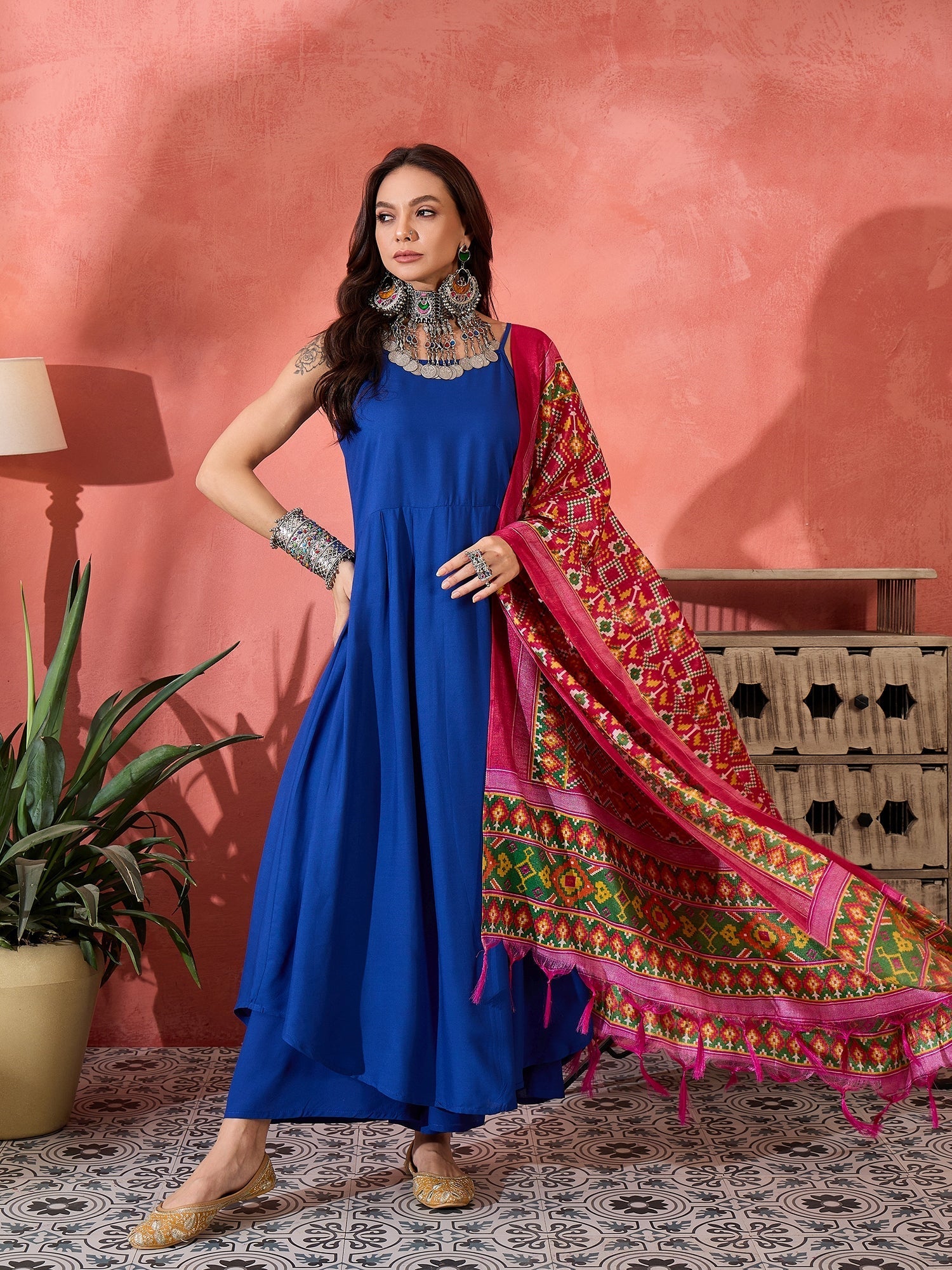 InWeave Ink Blue Strappy Kurta Set Pink Patola Dupatta | Grocsy