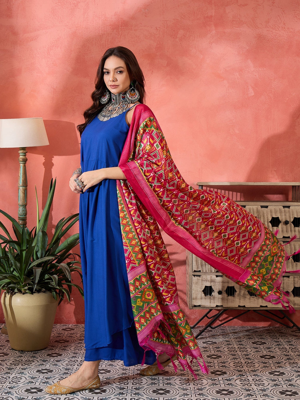 InWeave Ink Blue Strappy Kurta Set Pink Patola Dupatta | Grocsy