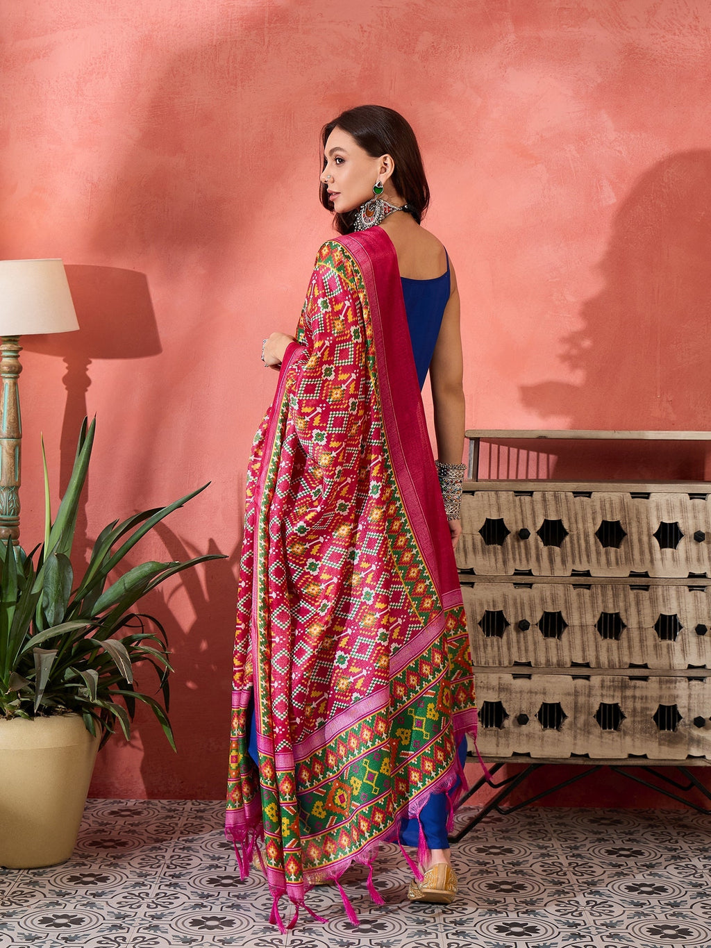 InWeave Ink Blue Strappy Kurta Set Pink Patola Dupatta | Grocsy