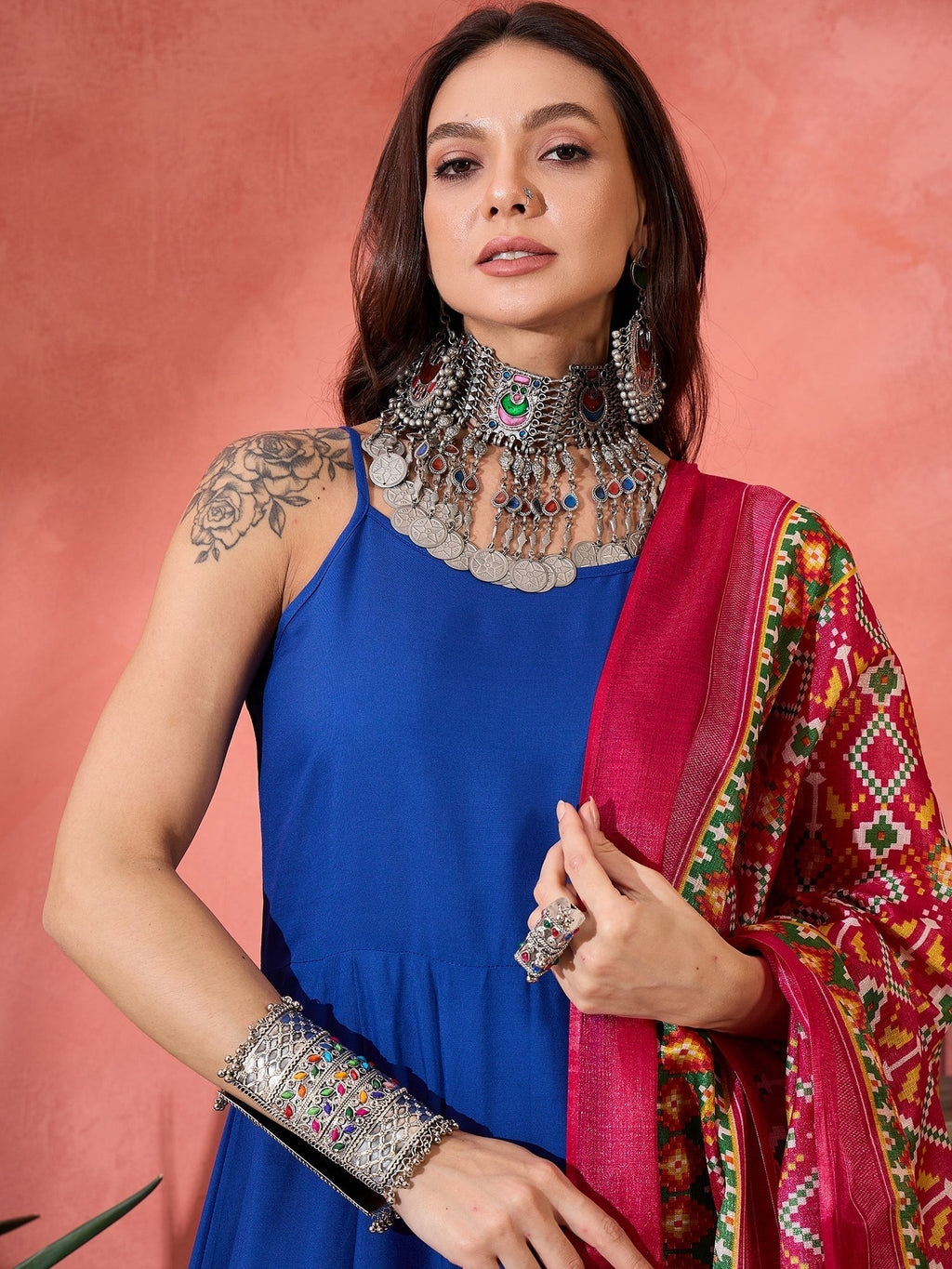 InWeave Ink Blue Strappy Kurta Set Pink Patola Dupatta | Grocsy