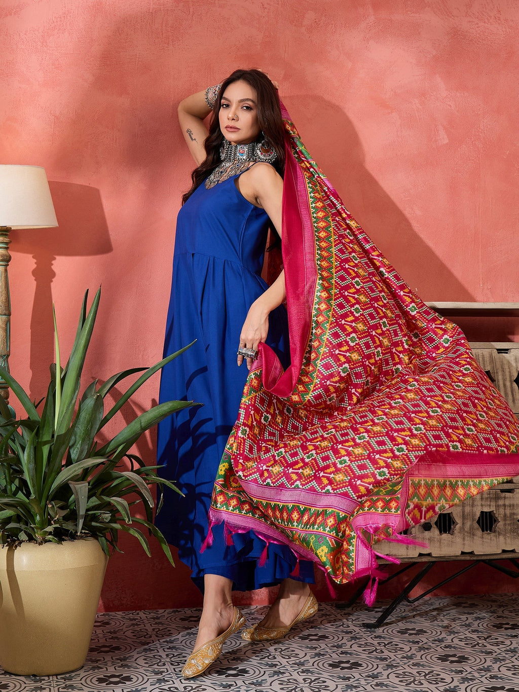 InWeave Ink Blue Strappy Kurta Set Pink Patola Dupatta | Grocsy