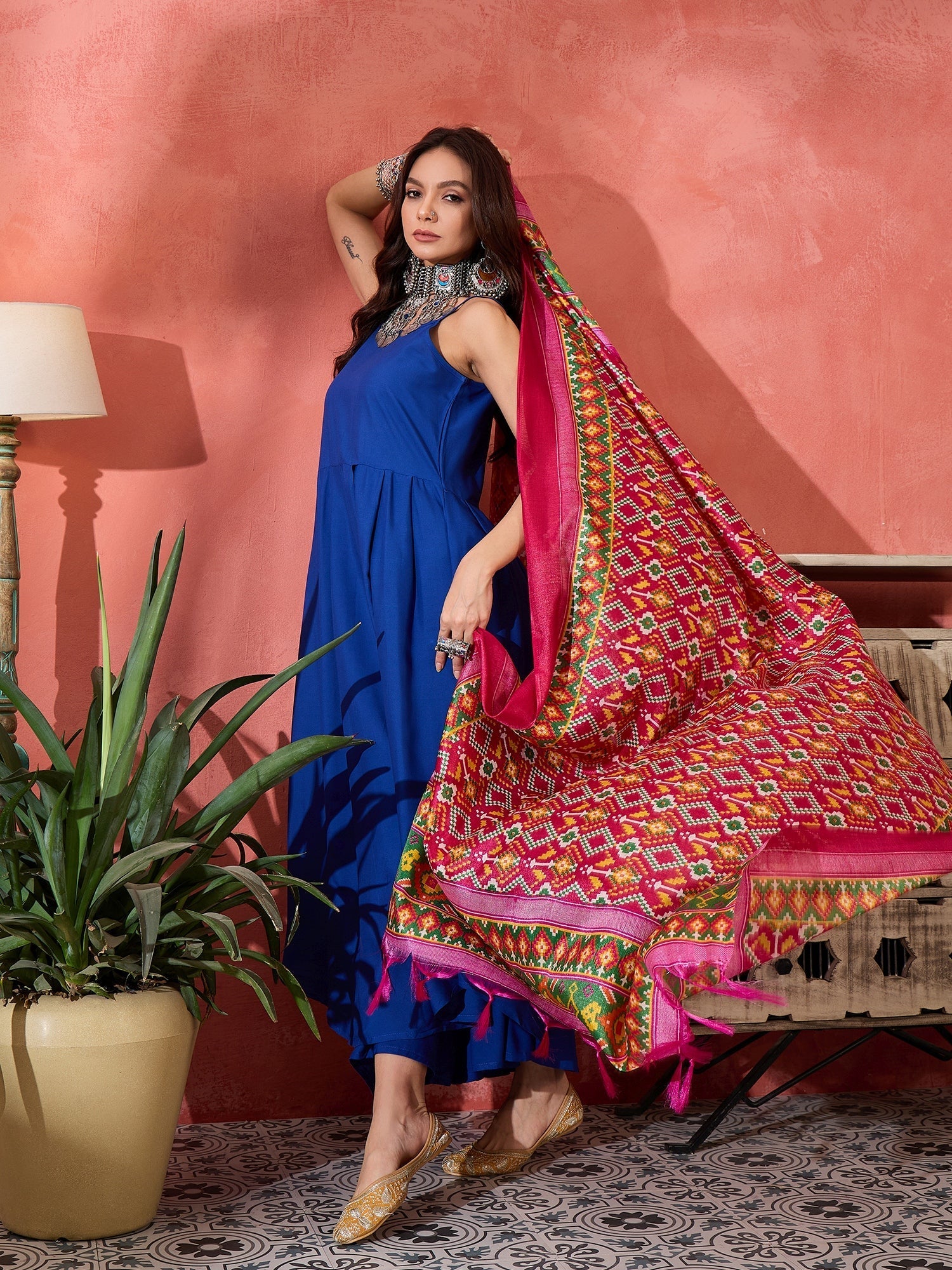 InWeave Ink Blue Strappy Kurta Set Pink Patola Dupatta | Grocsy